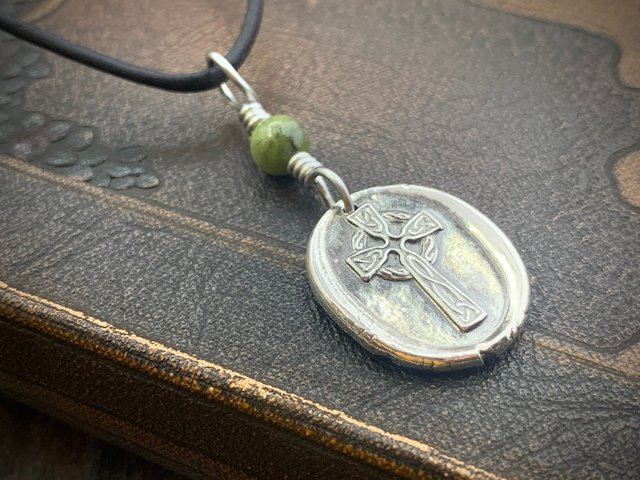 Celtic Cross, Sterling Silver, Connemara Marble, Irish Celtic Jewelry, Wax Seal Charm, Irish Pagan, Handcrafted, Artisan Jewelry, Faith