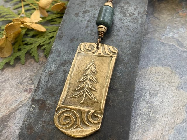 Pine Tree Pendant, Bronze Spirals, Irish Celtic Jewelry, Connemara Marble, Tree of Life Jewelry, Druid Sacred Trees, Hand Carved, Evergreen