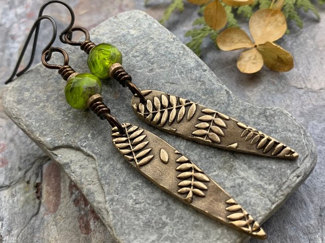Fern Bronze Earrings, Teardrop Shield, Botanical Earthy, Green Witch, Hypoallergenic Ear Wires, Green Czech Glass, Handmade Art Jewelry