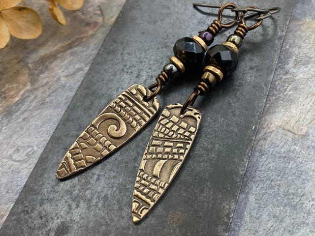Bronze Dagger Earrings, Tribal Spiral Texture, Czech Glass Beads, Hypoallergenic Ear Wires, Light Dangle Earrings, Teardrop Shield, Handmade