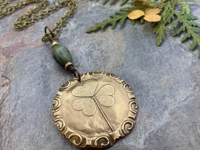 Shamrock Pendant, Connemara Marble Necklace, Irish Celtic Spirals, Bronze 8th Anniversary, Irish Clover, Leather Vegan Cords, Antiqued Chain