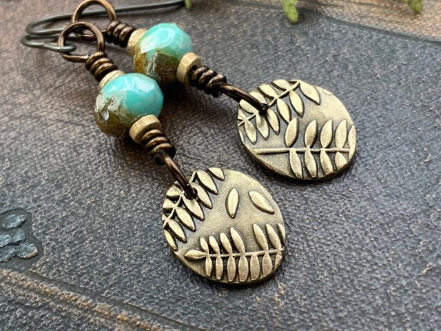 Fern Bronze Earrings, Light Dangle Earrings, Earthy Czech Glass Beads, Hypoallergenic Ear Wires, Botanical Green Witch, Soul Harbor Jewelry