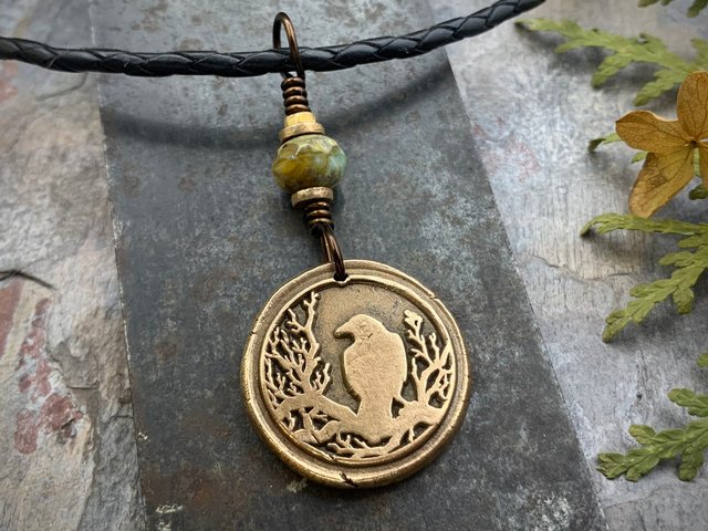 Raven Bronze Pendant, Czech Glass Bead, Tree Branches, Leather & Vegan Cords, Raven Silhouette, Celtic Goddess Witch, Pagan Earthy Jewelry