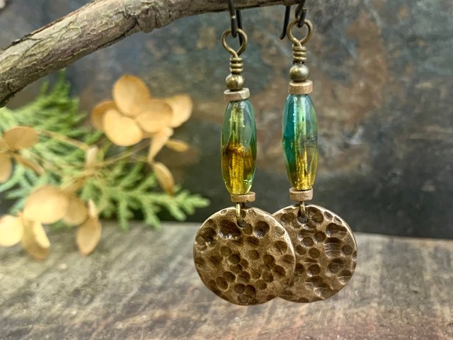 Bronze Disc Earrings, Czech Glass Beads, Hypoallergenic Ear Wires, Earthy Tribal, Boho Chic Style, Dangle Discs, Handmade Metal Jewelry