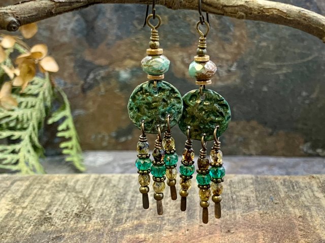 Bronze Disc Earrings, Chandelier Dangles, Czech Glass Beads, Boho Chic Jewelry, Hypoallergenic Ear Wires, Earthy Colorful