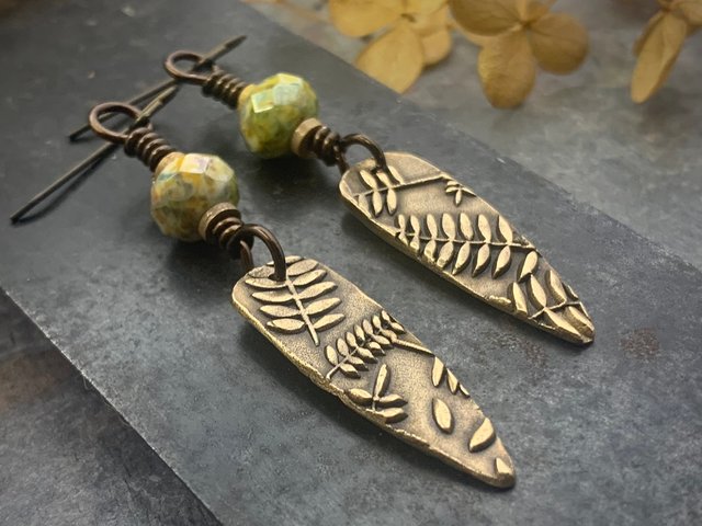 Fern Bronze Earrings, Teardrop Shield, Botanical Earthy, Green Witch, Hypoallergenic Ear Wires, Green Czech Glass, Handmade Art Jewelry