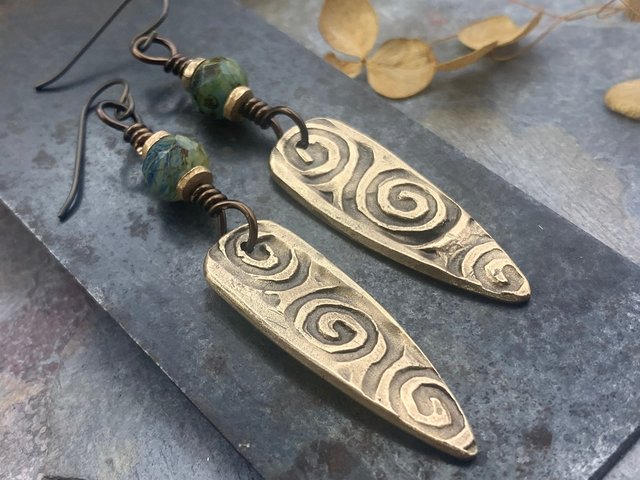 Bronze Shield Earrings, Irish Celtic Spiral, Czech Glass Beads, Hypoallergenic Ear Wires, Dagger Teardrop, Tribal Earthy Jewelry, Handmade
