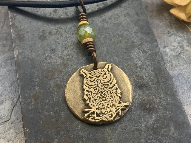 Bronze Owl Charm, Irish Celtic, Owl Witch Necklace, Celtic Hag Crone, Leather & Vegan Cords, Handmade Art Jewelry, Soul Harbor Jewelry