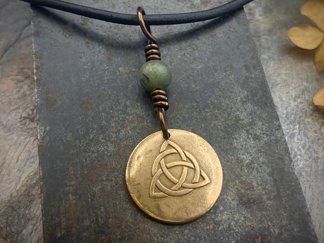 Bronze Trinity Knot, Triquetra, Wax Seal Charm, Connemara Marble, Irish Celtic Jewelry, Pagan, 8th Anniversary, Triple Goddess, Celtic Witch