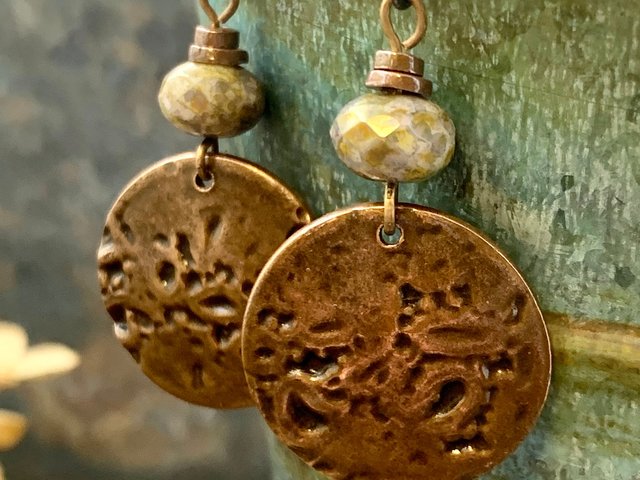 Copper Disc Earrings, Czech Glass Beads, Hypoallergenic Ear Wires, Earthy Tribal, Boho Chic Style, Dangle Discs, Handmade Metal Jewelry