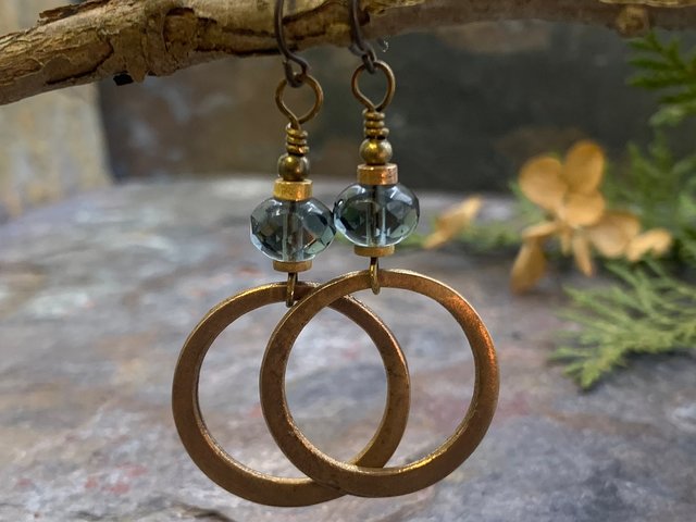 Bronze Hoop Earrings, Midnight Blue Czech Glass, Hypoallergenic Ear Wires, Earthy Boho Jewelry, Light Dangly Hoops, Every Day Earrings