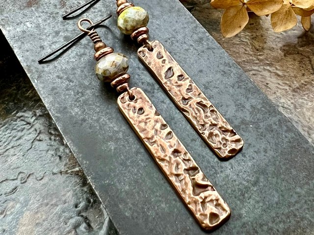 Copper Textured Earrings, Czech Glass Beads, Hypoallergenic Ear Wires, Earthy Rustic,  Light Long Skinny Earrings, Boho Earthy Style