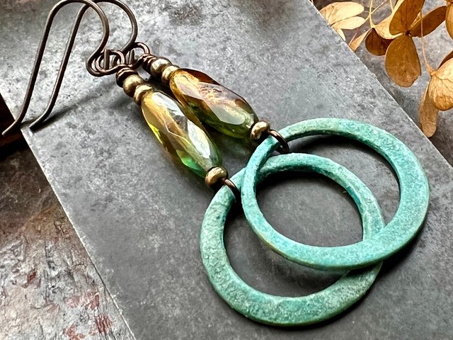 Bronze Hoop Earrings, Verdigris Patina, Czech Glass Beads, Hypoallergenic, Earthy Boho Jewelry, Aqua Turquoise Blue, Handmade Art Jewelry