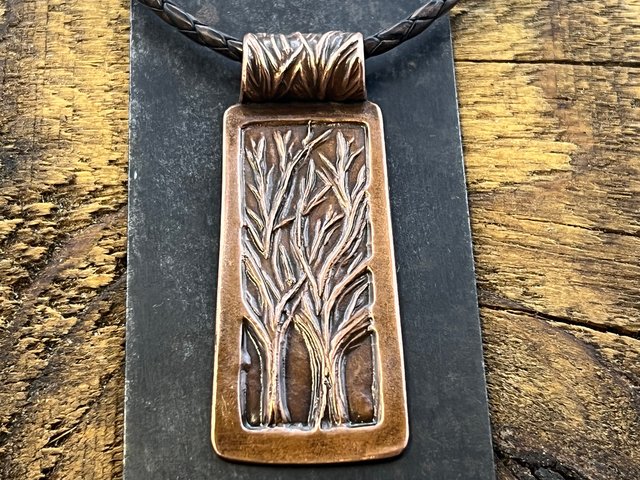 Two Trees Copper Pendant, Tree of Life, Hand Carved, Intertwined in Love, 7th Anniversary, Leather & Vegan Cords, Earthy Rustic Art Jewelry