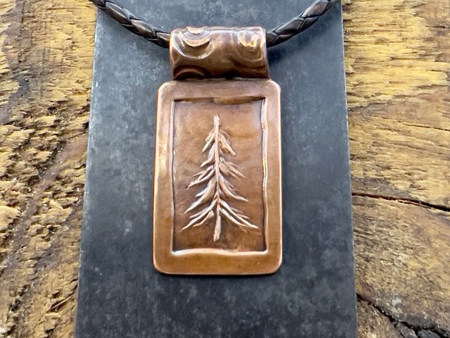 Pine Tree Pendant, Copper Tree Necklace, Evergreen Coniferous Trees, Earthy Rustic Art Jewelry, Hand Carved, Tree of Life, One Tree, Spirals