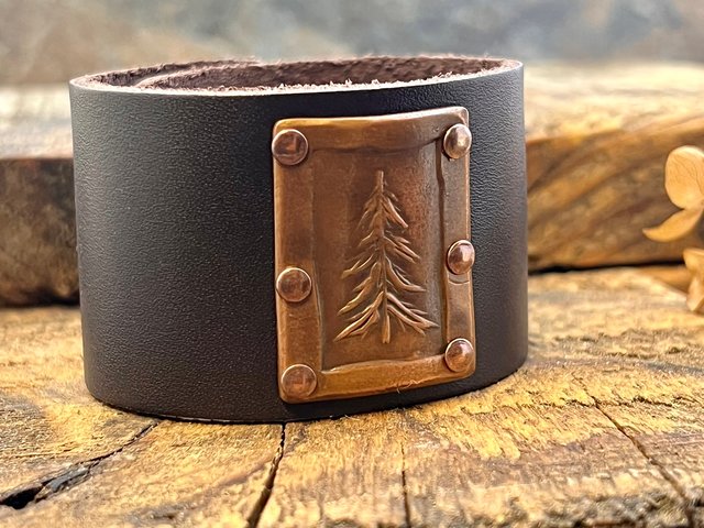 Pine Tree Evergreen, Copper & Leather Cuff Bracelet, Tree of Life, Hand Carved, Brown Leather Adjustable Cuff, Size 6.75-8, Earthy Rustic
