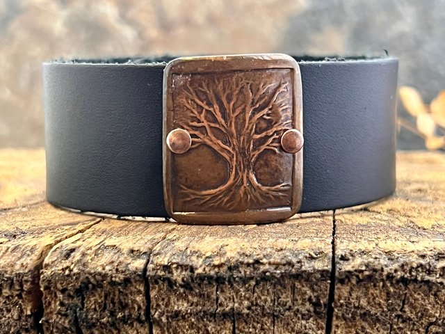 Tree of Life, Copper & Leather Cuff Bracelet, Unisex Jewelry, Hand Carved, Black Leather Adjustable Cuff, Size 6.75-8, Earthy Rustic Jewelry