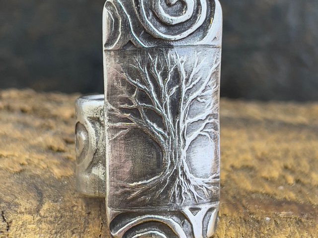 Silver Tree Ring, Sterling Silver 960, Tree of Life, Irish Celtic Spirals, Shied Ring, Statement Jewelry, Druid Pagan, Earthy Rustic Jewelry