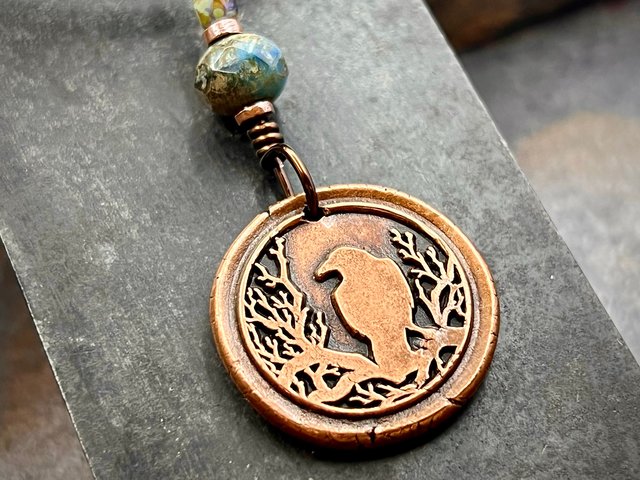 Raven Tree Pendant, Copper Crow Charm, Blackbirds Corvids, Celtic Witch Necklace, Czech Glass Beads, Wax Seal Charm, Spirals, Earthy Rustic