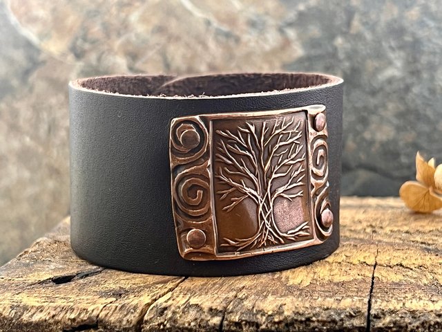 Tree of Life, Copper & Leather Cuff Bracelet, Unisex Jewelry, Hand Carved, Brown Leather Adjustable Cuff, Size 6.75-8, Earthy Rustic Jewelry