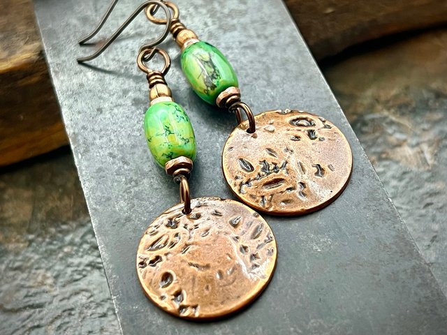 Copper Disc Earrings, Turquoise Beads, Hypoallergenic Ear Wires, Earthy Tribal, Boho Chic Style, Dangle Discs, Handmade Metal Jewelry