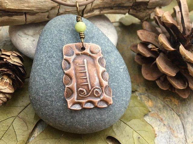 Hazel Tree Ogham Charm, Copper Pendant, Celtic Tree Astrology, Connemara Marble, Hand Carved, Spirals, Celtic Zodiac, August 5 – September 1