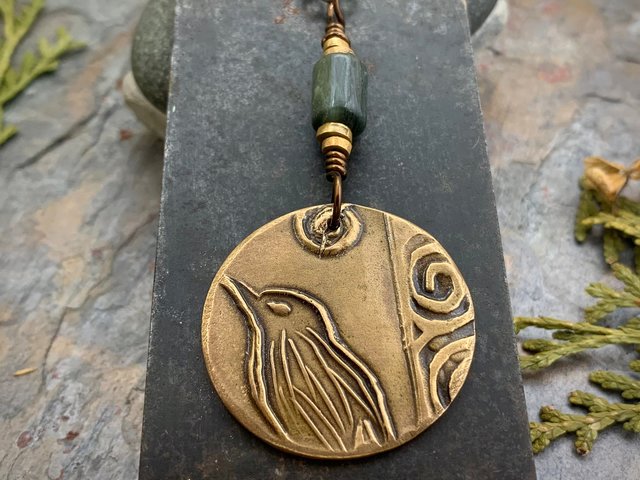 Bronze Raven Charm, Irish Celtic Spirals, Connemara Marble, Hand Carved, Full Moon, Crow Bird Necklace, Pagan Wicca, Celtic Witch Goddess