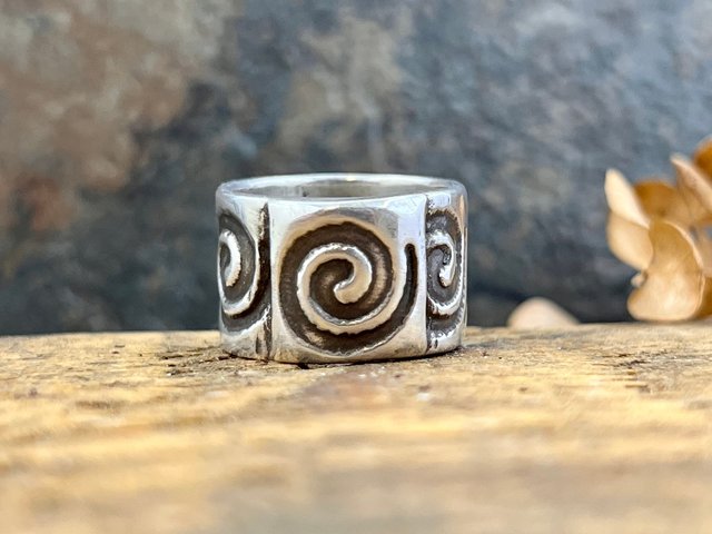 Silver Spiral Ring, Sterling Silver 960, Irish Celtic Jewelry, Wide Band Rings, Earthy Art Jewelry, Single Spirals, Sun Symbol,