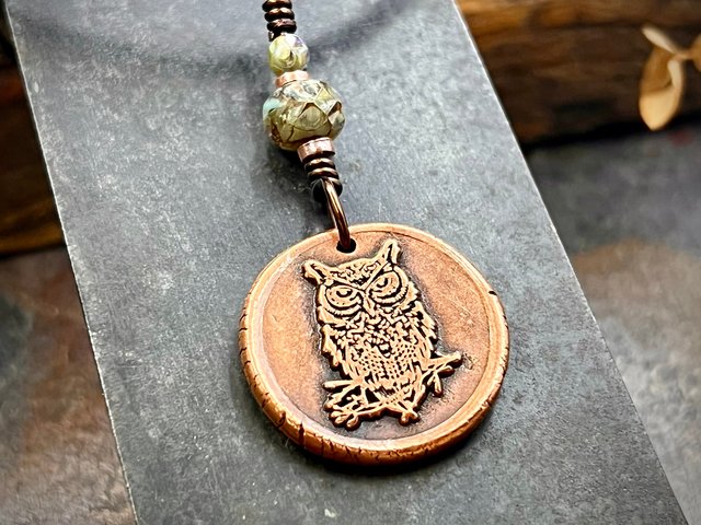 Copper Owl Charm, Wise Owl Necklace, Wax Seal Jewelry, Pagan Witch Pendant, Handmade Art Jewelry, Leather & Vegan Cords, Bird Lover Gift