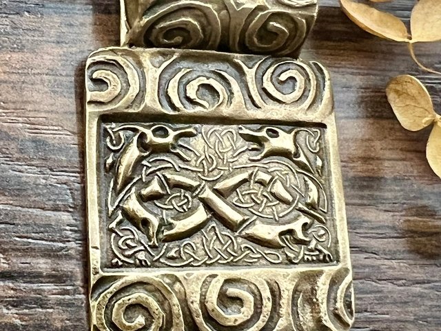 Celtic Hounds, Bronze Pendant, Irish Celtic Jewelry, Celtic Knots Spirals, Earthy Rustic Jewelry, Leather Vegan Cords, Celtic Pagan Witch
