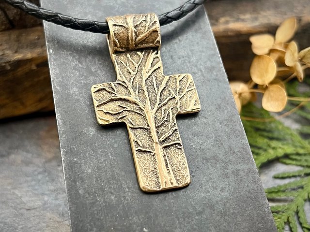 Tree Cross Pendant, Bronze Cross, Tree Branch Cross, Men's Jewelry, Irish Celtic Trees, Hand-Carved, Spiritual Gifts, Tree of Life, Earthy