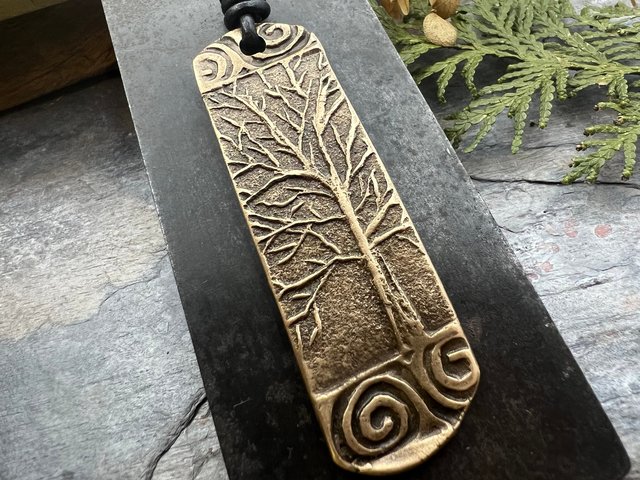 Tree of Life Bronze Pendant, Irish Celtic Jewelry, Long Tree Necklace, Celtic Spirals, Sliding Knot Leather Cord, Hand Carved Designs