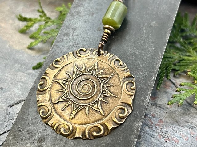 Celtic Sun Spiral Necklace, Bronze Sun Pendant, Connemara Marble, Irish Celtic Jewelry, Pagan Sun Necklace, Round Sun Charm, Long Chain, Art