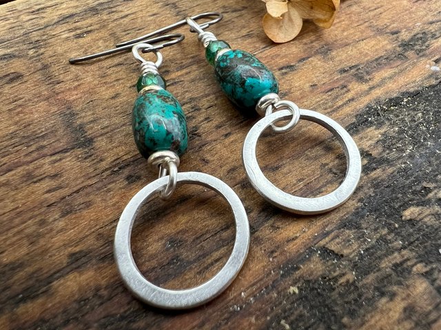 Sterling Silver & Turquoise, Hoop Earrings, Light Everyday Earrings, Hypoallergenic, Niobium Ear Wires, Earthy Rustic Jewelry