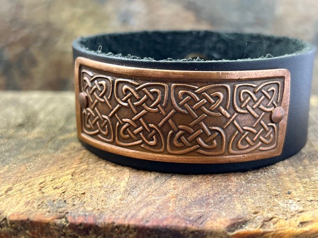 Celtic Knots, Copper & Leather Cuff Bracelet, Irish Celtic, Unisex Jewelry, Black Leather Adjustable Cuff, Size 6.75-8, Earthy Rustic