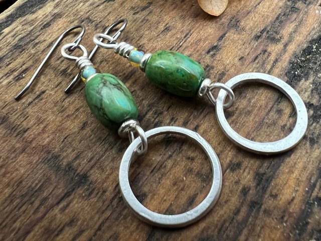 Sterling Silver & Turquoise, Hoop Earrings, Light Everyday Earrings, Hypoallergenic, Niobium Ear Wires, Earthy Rustic Jewelry