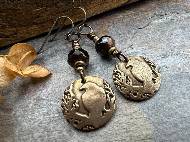 Raven Bronze Earrings, Irish Celtic Jewelry, Odin's Ravens, Pagan Wiccan, Celtic Witch Goddess, Crow Corvid, Hypoallergenic Ear Wires