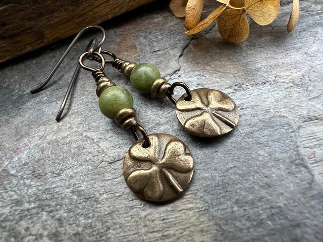 Shamrock Bronze Earrings, Irish Clovers, Connemara Marble, Irish Shamrock, Irish Celtic Jewelry, St Patrick's Day, Bronze Anniversary