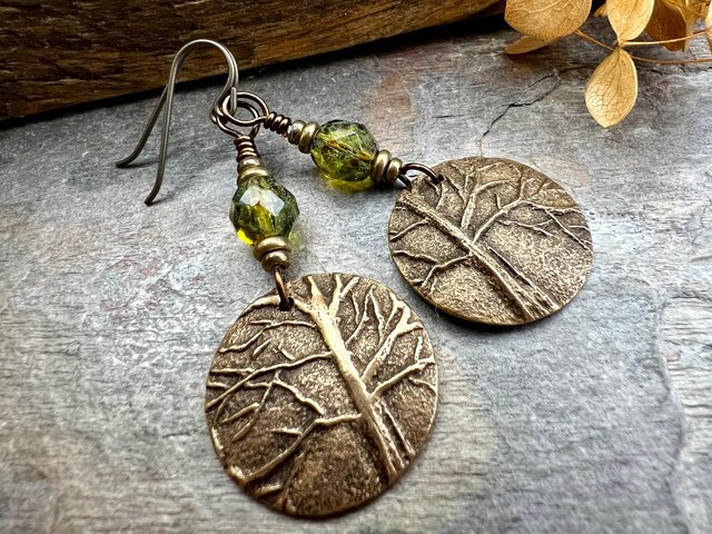 Tree of Life Earrings, Bronze Discs, Czech Glass Beads, Hypoallergenic Ear Wires, Earthy Jewelry, Hand Carved Trees, Boho Chic Style