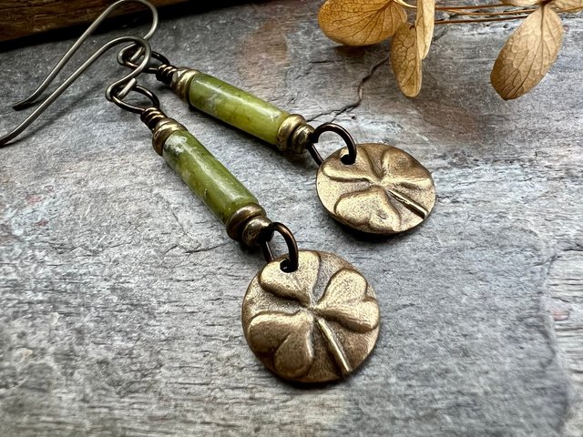Shamrock Bronze Earrings, Irish Clovers, Connemara Marble, Irish Shamrock, Irish Celtic Jewelry, St Patrick's Day, Bronze Anniversary