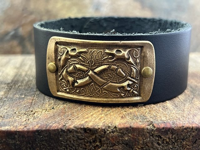 Celtic Hounds, Bronze & Leather Cuff Bracelet, Irish Celtic, Unisex Jewelry, Black Leather Adjustable Cuff, Size 6.75-8, Earthy Rustic