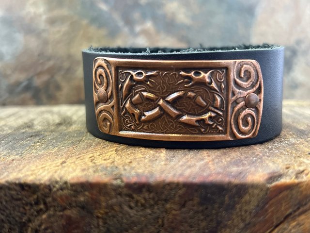 Celtic Hounds, Copper & Leather Cuff Bracelet, Irish Celtic, Unisex Jewelry, Black Leather Adjustable Cuff, Size 6.75-8, Earthy Rustic