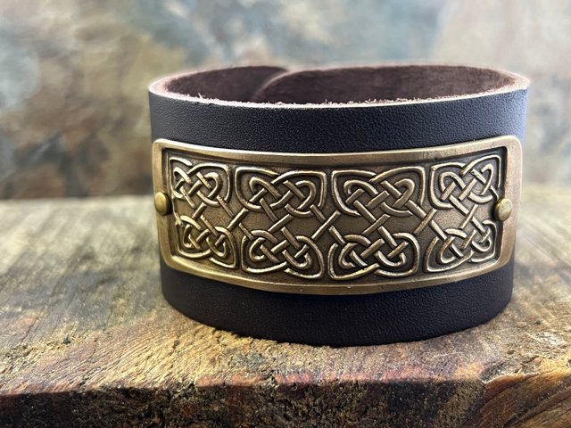 Celtic Knots, Bronze & Leather Cuff Bracelet, Irish Celtic, Unisex Jewelry, Black Leather Adjustable Cuff, Size 6.75-8, Earthy Rustic