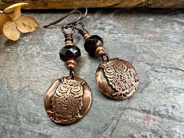 Copper Owl Earrings, Irish Celtic Jewelry, Pagan Jewelry, Copper Owl Jewelry, Witch Earrings, 7th Anniversary, Bird Lover Gifts, Earthy Gift