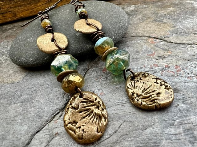 Bronze Coral Fossil Texture Earrings, Stacked Cairns, Washer Donut Beads, Czech Glass, Bronze & Aqua, Arty Mismatched Earrings, Long Dangles