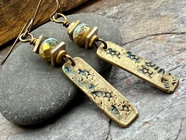 Bronze Dangle Drop Earrings, Coral Fossil Texture, Czech Glass Beads, Bronze and Blue, Hypoallergenic Niobium Ear Wires, Earthy Primitive