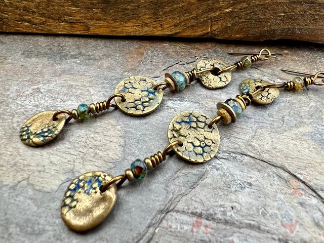 Long Dangle, Bronze Coral Fossil Texture Earrings, Stacked Cairns, Washer Donut Beads, Czech Glass, Bronze & Aqua, Arty Mismatched Earrings
