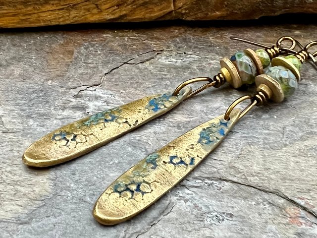 Bronze Dangle, Teardrop Earrings, Coral Fossil Texture, Czech Glass Beads, Bronze and Blue, Hypoallergenic Niobium Ear Wires, Earthy Arty