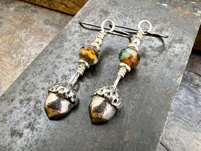 Acorn Sterling Silver Earrings, Hypoallergenic, Niobium Ear Wires, Czech Glass, Oak Tree Jewelry, Tiny Acorns, Druid, Earthy Woodland Gifts