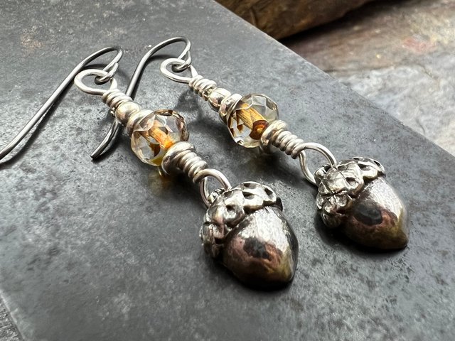 Acorn Sterling Silver Earrings, Hypoallergenic, Niobium Ear Wires, Czech Glass, Oak Tree Jewelry, Tiny Acorns, Druid, Earthy Woodland Gifts